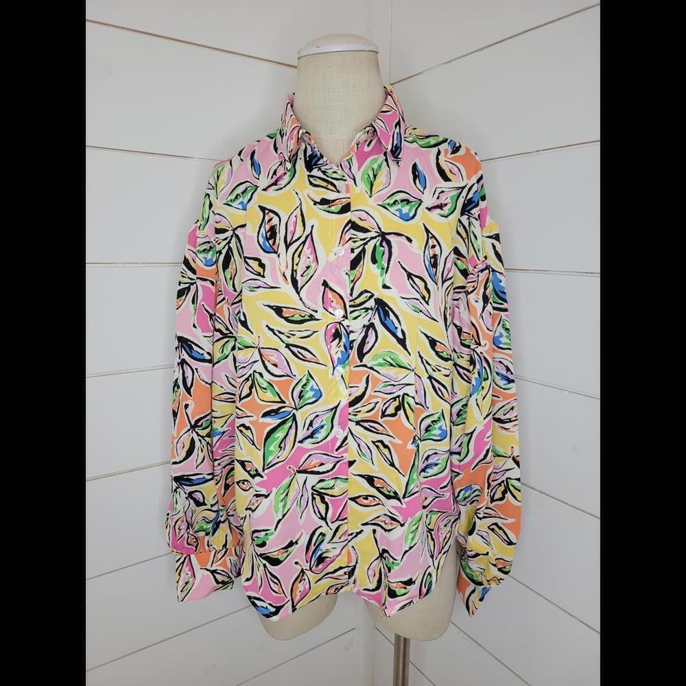 NWOT Boutique GeeGee white with multicolored print blouse. Balloon sleeves! 80s